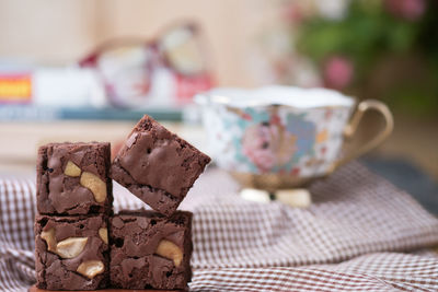 Close-up of chocolate cake on table