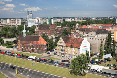 High angle view of people in city