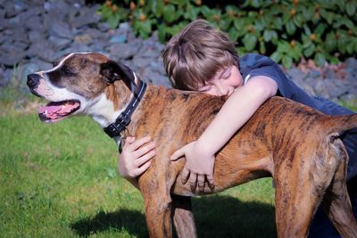 Boy playing with dog