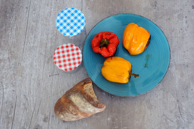 High angle view of breakfast on table