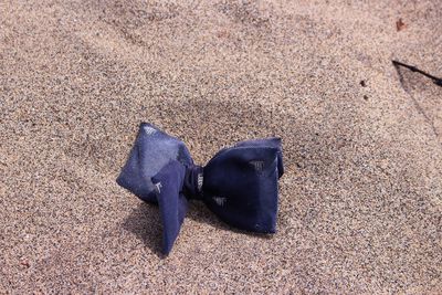 High angle view of abandoned bow on sand