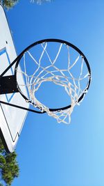 Low angle view of basketball hoop against clear blue sky