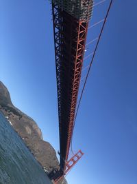 Low angle view of crane against clear blue sky