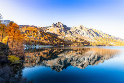 Scenic view of lake against clear sky during autumn