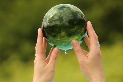 Close-up of human hand holding leaf