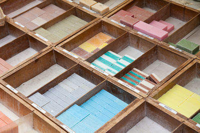 High angle view of multi colored soaps for sale in market