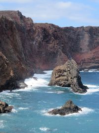 Scenic view of rocks in sea against sky