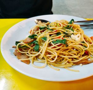 High angle view of noodles served in plate on table