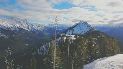 Scenic view of snow covered mountains against sky