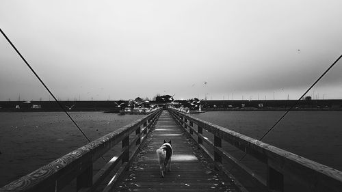 Man on footbridge over sea against clear sky