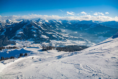 High angle view of snow covered land against sky