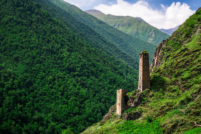 Ancient chechen towers in the caucasus mountains