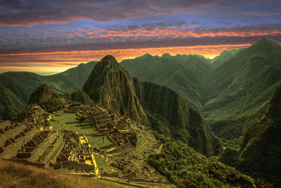 Scenic view of mountains against sky during sunset