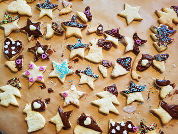 High angle view of cookies on table