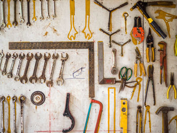 Full frame shot of wall with work tools