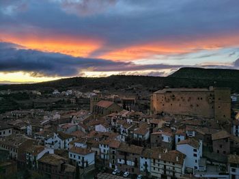 High angle view of townscape against sky at sunset