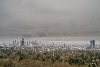View of cityscape against cloudy sky