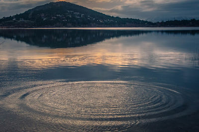 Scenic view of lake against sky at sunset