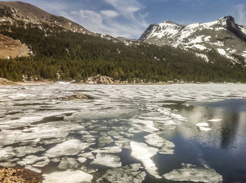 Scenic view of lake by snowcapped mountains against sky