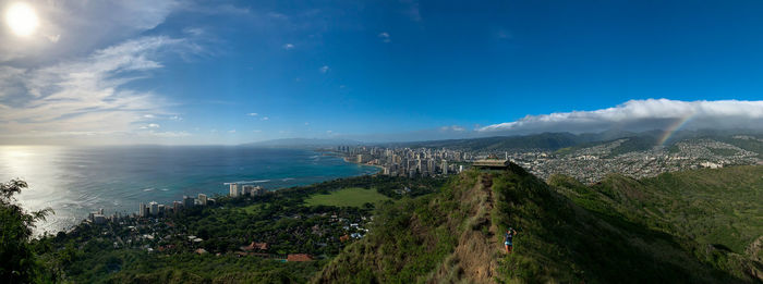 Panoramic view of sea against blue sky