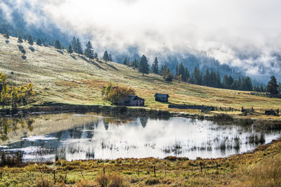 Scenic view of lake and trees against sky