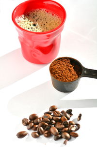 High angle view of coffee beans on table