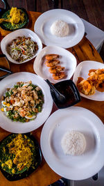 High angle view of food served on table