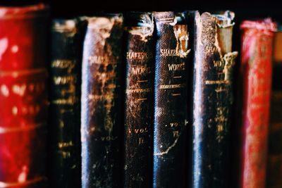 Close-up of books on shelf