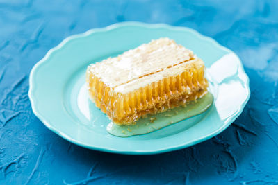 Close-up of cake served on table