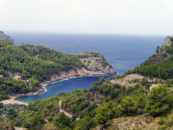 High angle view of sea and trees against sky