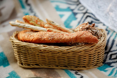 Close-up of food in wicker basket
