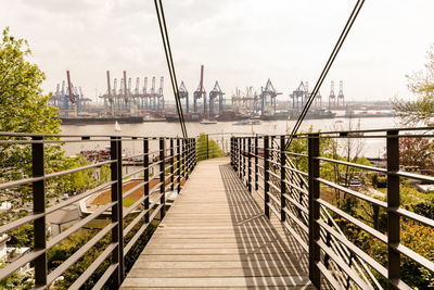 Suspension bridge in city against sky