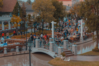 High angle view of people in town square