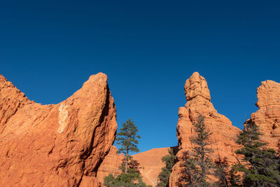 Low angle landscape of orange hoodoos and spires or rock formations and greenery against the sky
