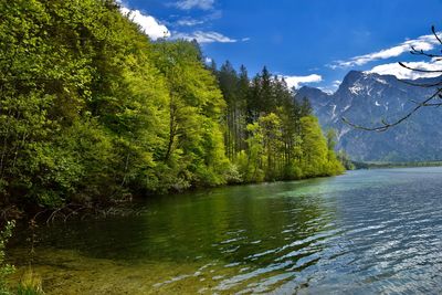 Scenic view of lake in forest against mountains and sky