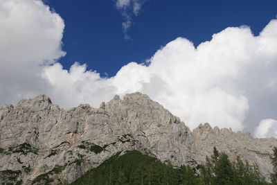 Low angle view of rocky mountain against sky