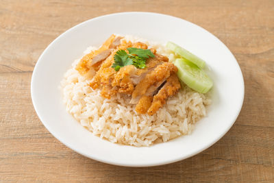 High angle view of food in plate on table