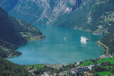 High angle view of townscape by sea
