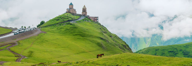 Scenic view of green land against sky