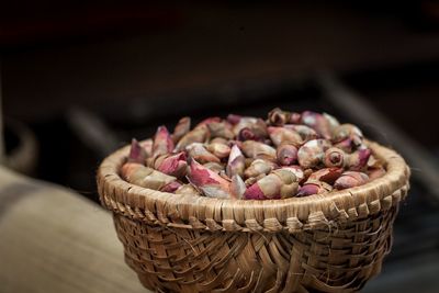 Close-up of cake in basket on table