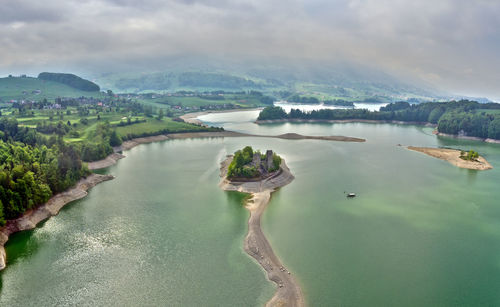 Scenic view of bay against sky