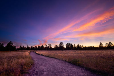 Dirt road amidst trees on field against romantic sky at sunset