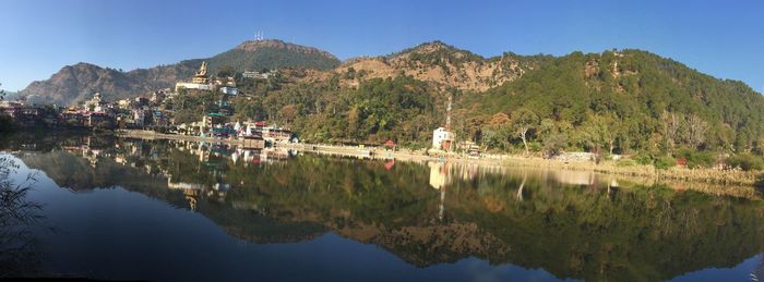 Panoramic view of lake and mountains against clear sky