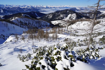 Scenic view of snowcapped mountains against sky