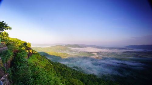 Scenic view of sea and mountains against clear blue sky