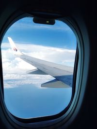 Airplane wing seen through window