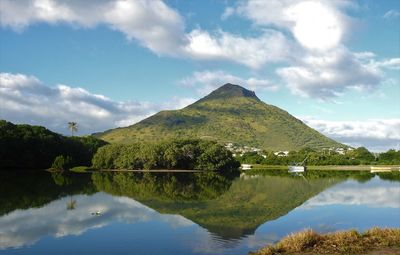 Scenic view of lake and mountains against sky