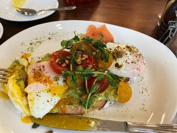 High angle view of breakfast served in plate