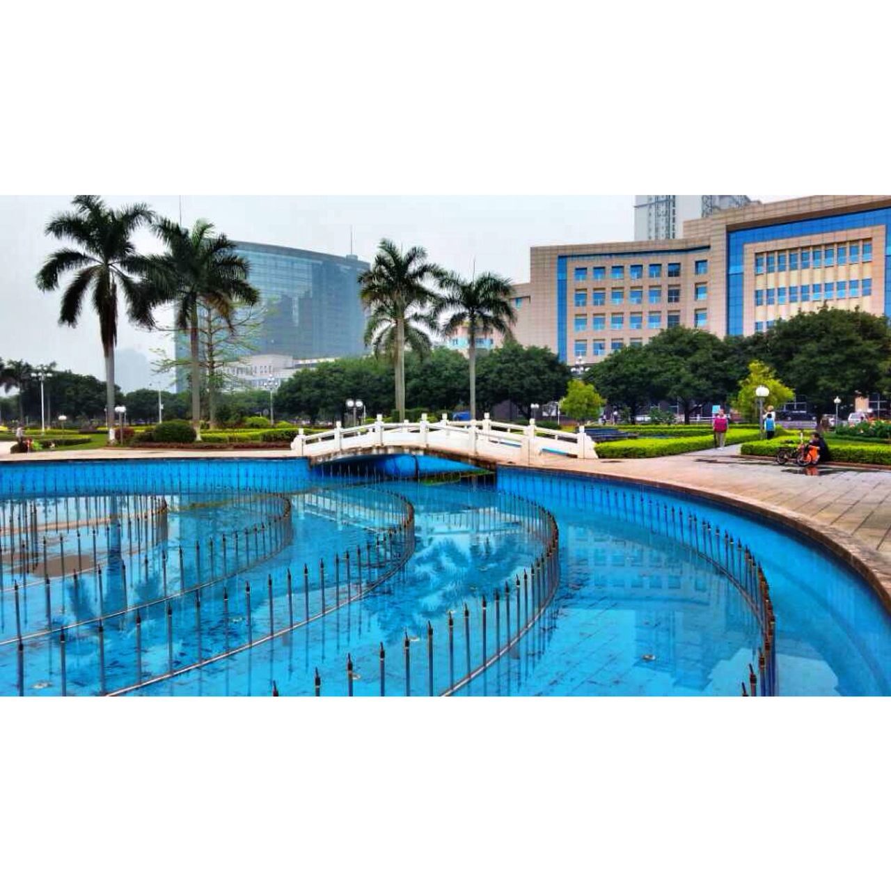 palm tree, swimming pool, tree, water, built structure, architecture, building exterior, blue, tourist resort, beach, sky, auto post production filter, day, incidental people, transfer print, city, leisure activity, reflection, sea