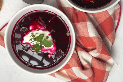 High angle view of soup in bowl on table